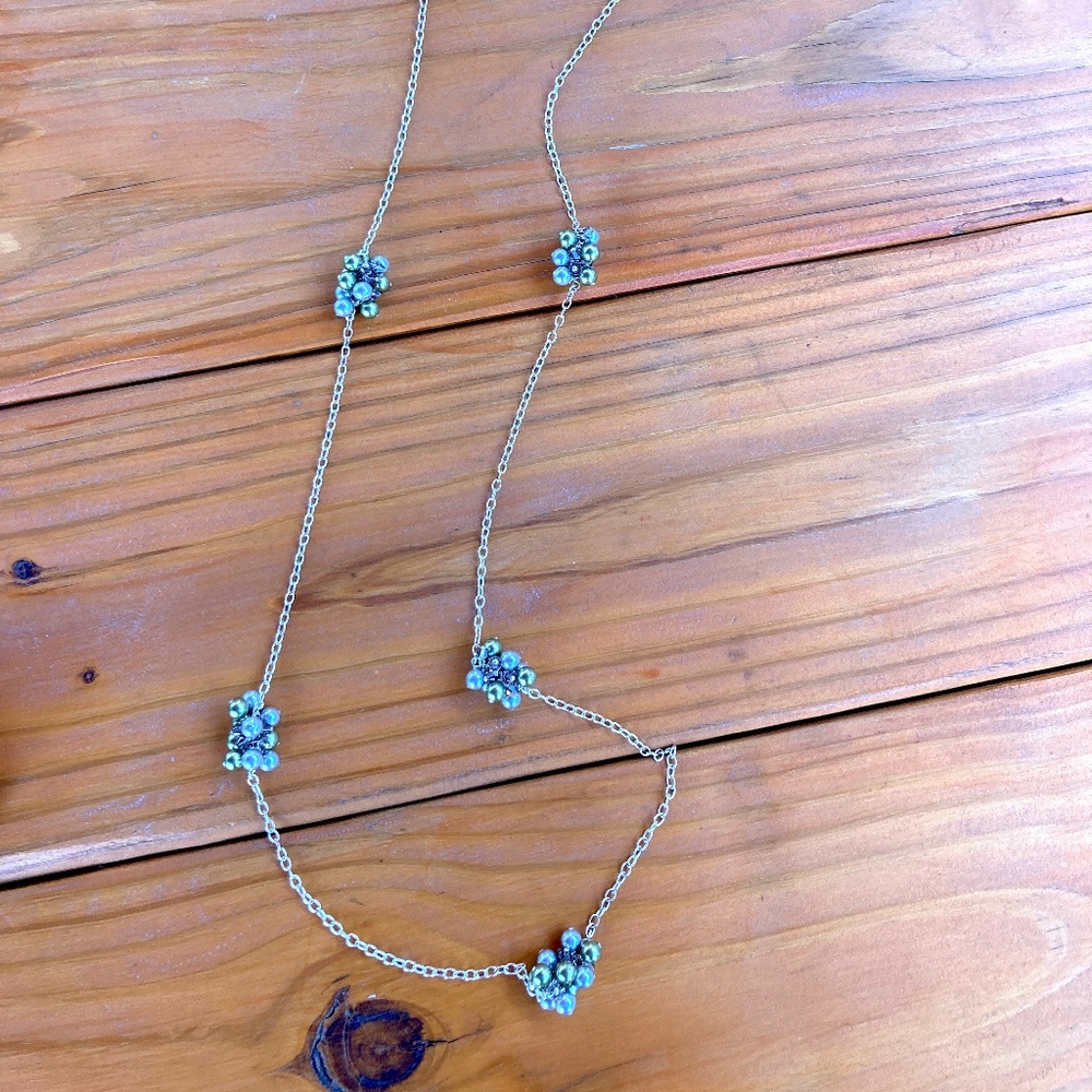 Sterling Silver Long Pearl Cluster Necklace Gray Green and Silver